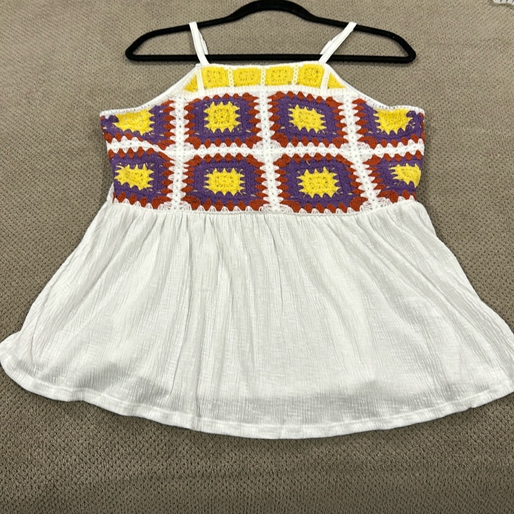 Maurices White Crochet Square-Panel Tank with Yellow and Purple Accents